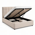 Queen Beige Faux Leather Lift-Up Storage Bed Frame, 60 x 80 in Mattress Area, 64 x 86 x 45 in Overall