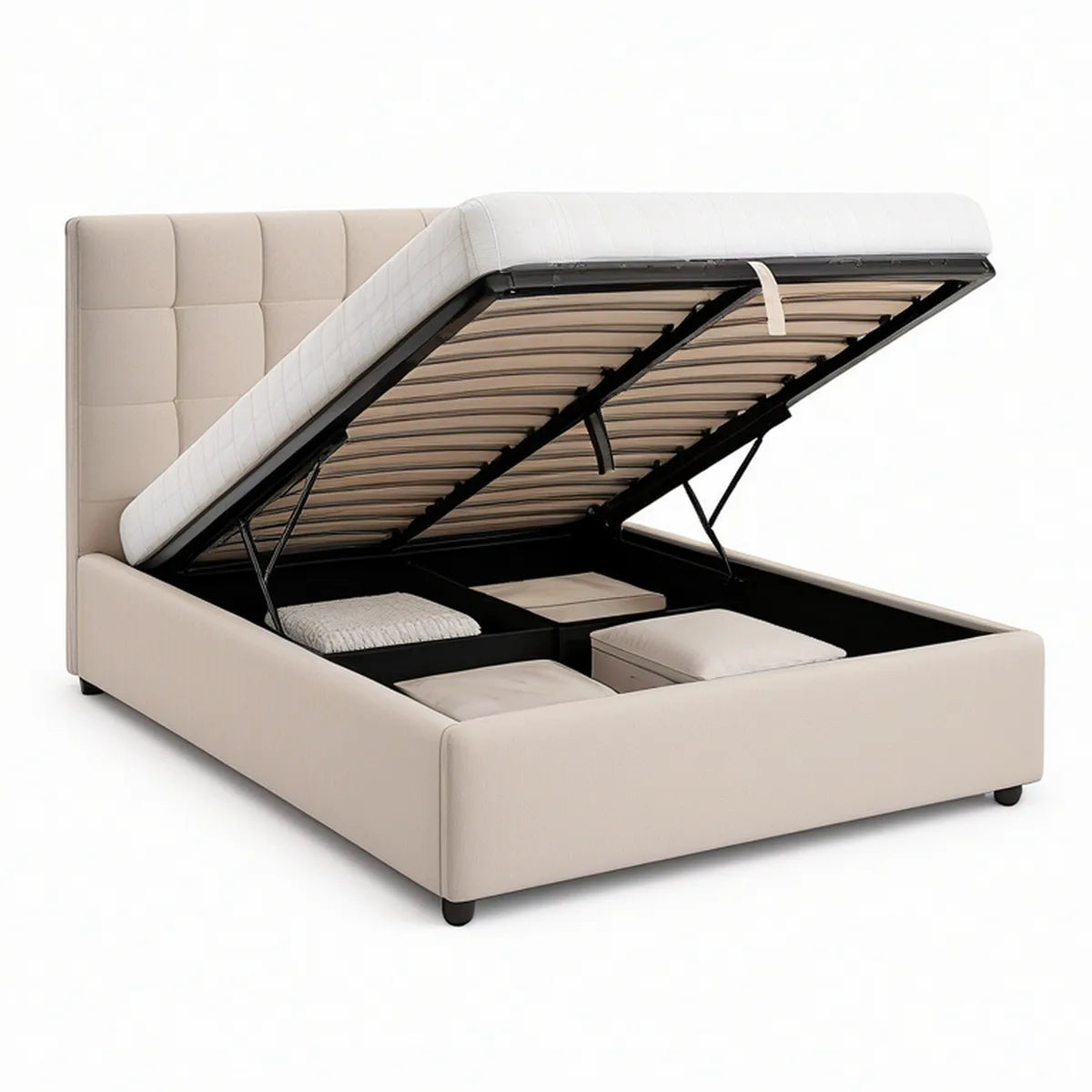 Queen Beige Faux Leather Lift-Up Storage Bed Frame, 60 x 80 in Mattress Area, 64 x 86 x 45 in Overall