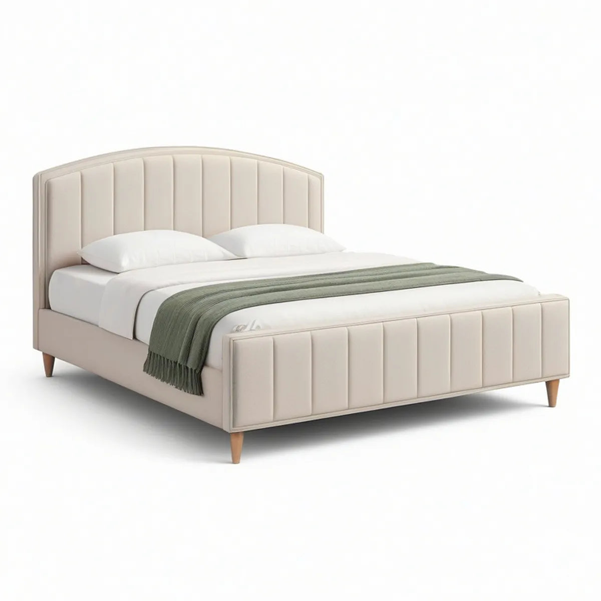 Queen Arched Channel-Tufted Upholstered Platform Bed Frame, Cream/Natural Brown, 165 x 217 x 119 cm