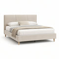 Queen Beige Upholstered Platform Bed Frame with 3-Panel Headboard, 64 x 85 x 48 in