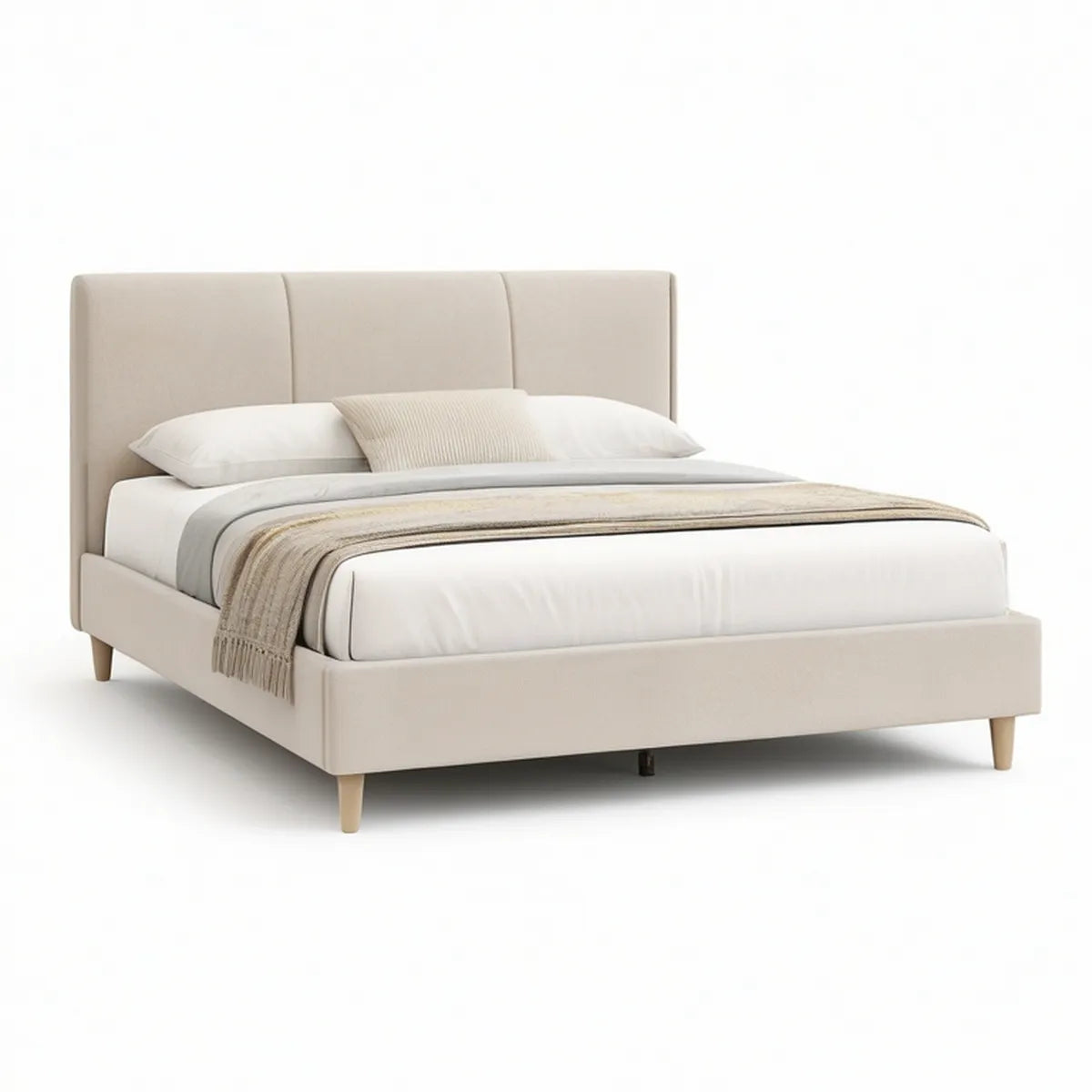 Queen Beige Upholstered Platform Bed Frame with 3-Panel Headboard, 64 x 85 x 48 in