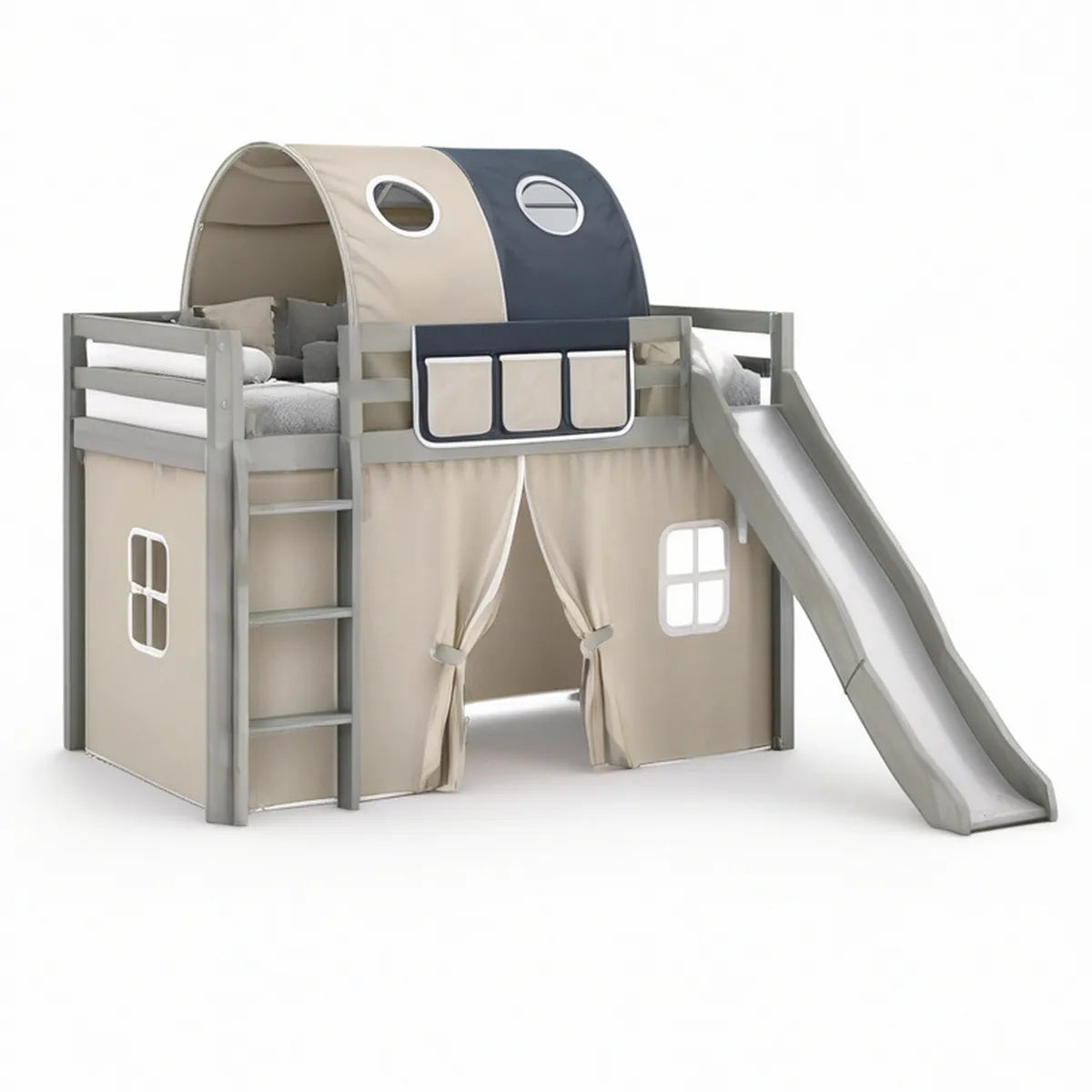 Twin Size Kids Loft Bed with Slide and Tent, 98 x 41 x 75 in, Beige/Gray/Dark Gray