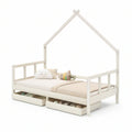 Twin House Bed Frame with Safety Rails and 2 Storage Drawers, White, 79 x 42 x 77 in