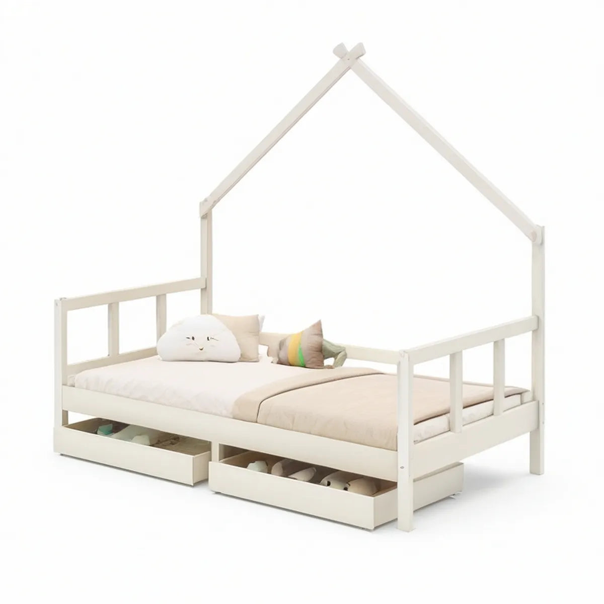 Twin House Bed Frame with Safety Rails and 2 Storage Drawers, White, 79 x 42 x 77 in