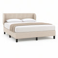 Queen Upholstered Platform Bed Frame, 86.6 x 66.1 x 43.3 in, Curved Wingback PU Leather, Beige