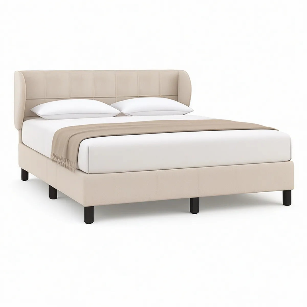 Queen Upholstered Platform Bed Frame, 86.6 x 66.1 x 43.3 in, Curved Wingback PU Leather, Beige
