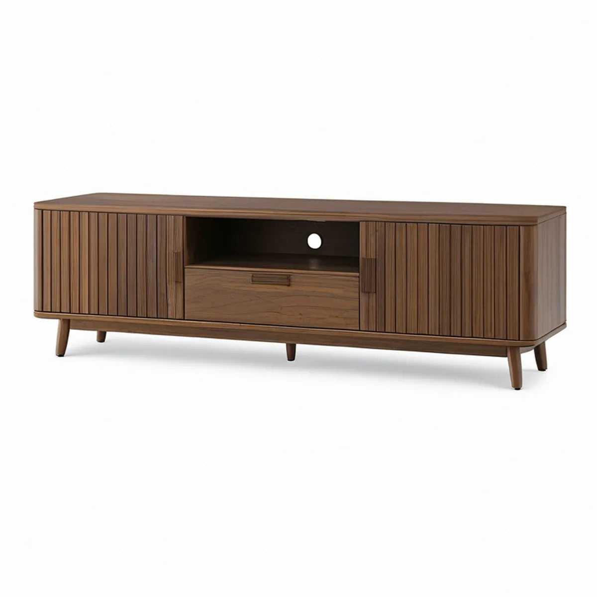 71 in Walnut Brown Engineered Wood Media Console with 2 Doors, Drawer, Open Shelf and Cable Management