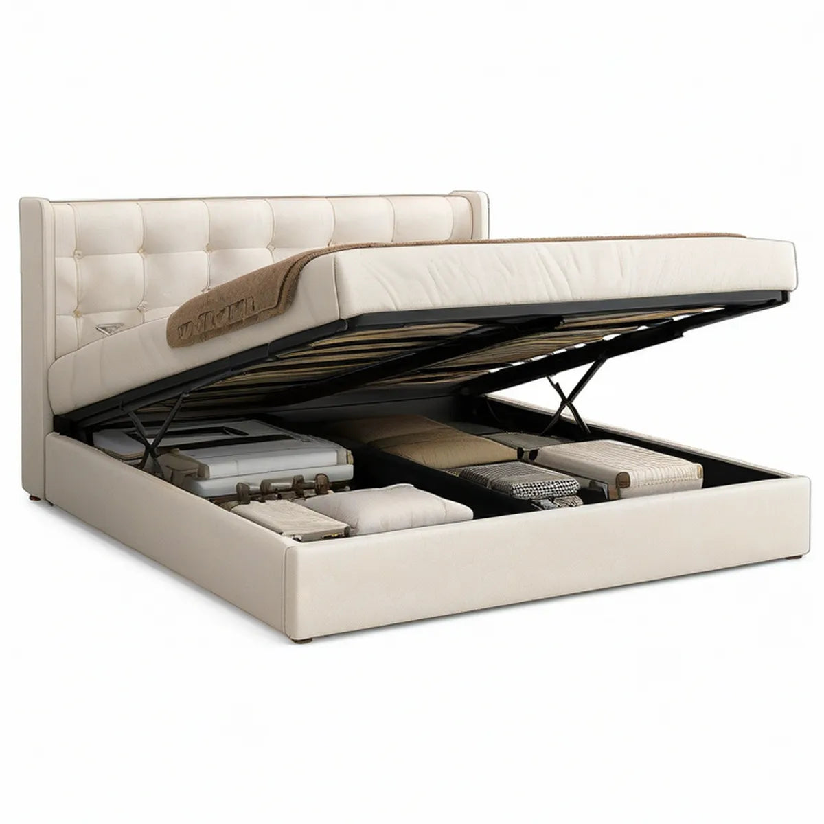 Queen Cream PU Leather Lift-Up Storage Bed with Tufted Headboard, 86 x 64 x 45 in