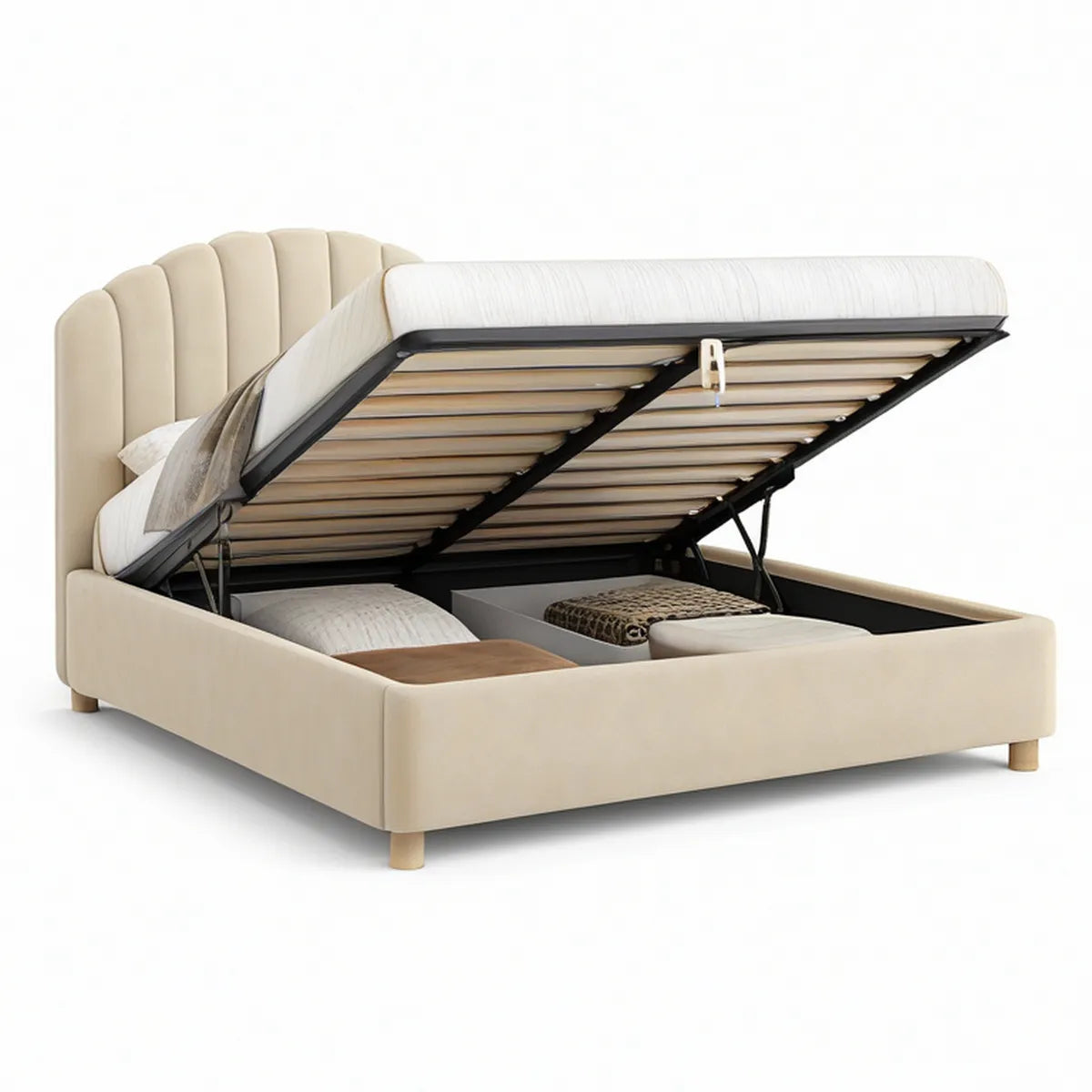 Queen Beige Velvet Upholstered Hydraulic Lift Storage Bed, 88 x 65 x 48 in