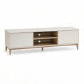 63 in White and Natural Wood TV Stand with 2 Doors and 2 Open Shelves
