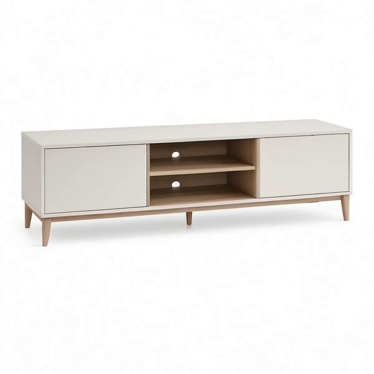 63 in White and Natural Wood TV Stand with 2 Doors and 2 Open Shelves