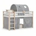 Twin Loft Bed with Gray Canopy and Play Curtains, Natural Pine/White/Gray, 78.25 x 38.25 x 45.63 in