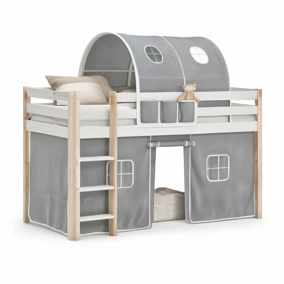 Twin Loft Bed with Gray Canopy and Play Curtains, Natural Pine/White/Gray, 78.25 x 38.25 x 45.63 in