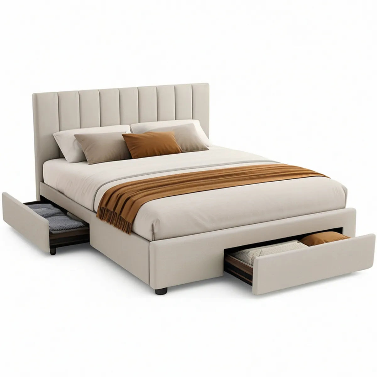 Queen Beige Upholstered Storage Bed with 2 Drawers, 64 x 85 x 50 in