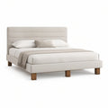 Queen Upholstered Platform Bed Frame, 64 x 86 x 48 in, Ivory/Brown