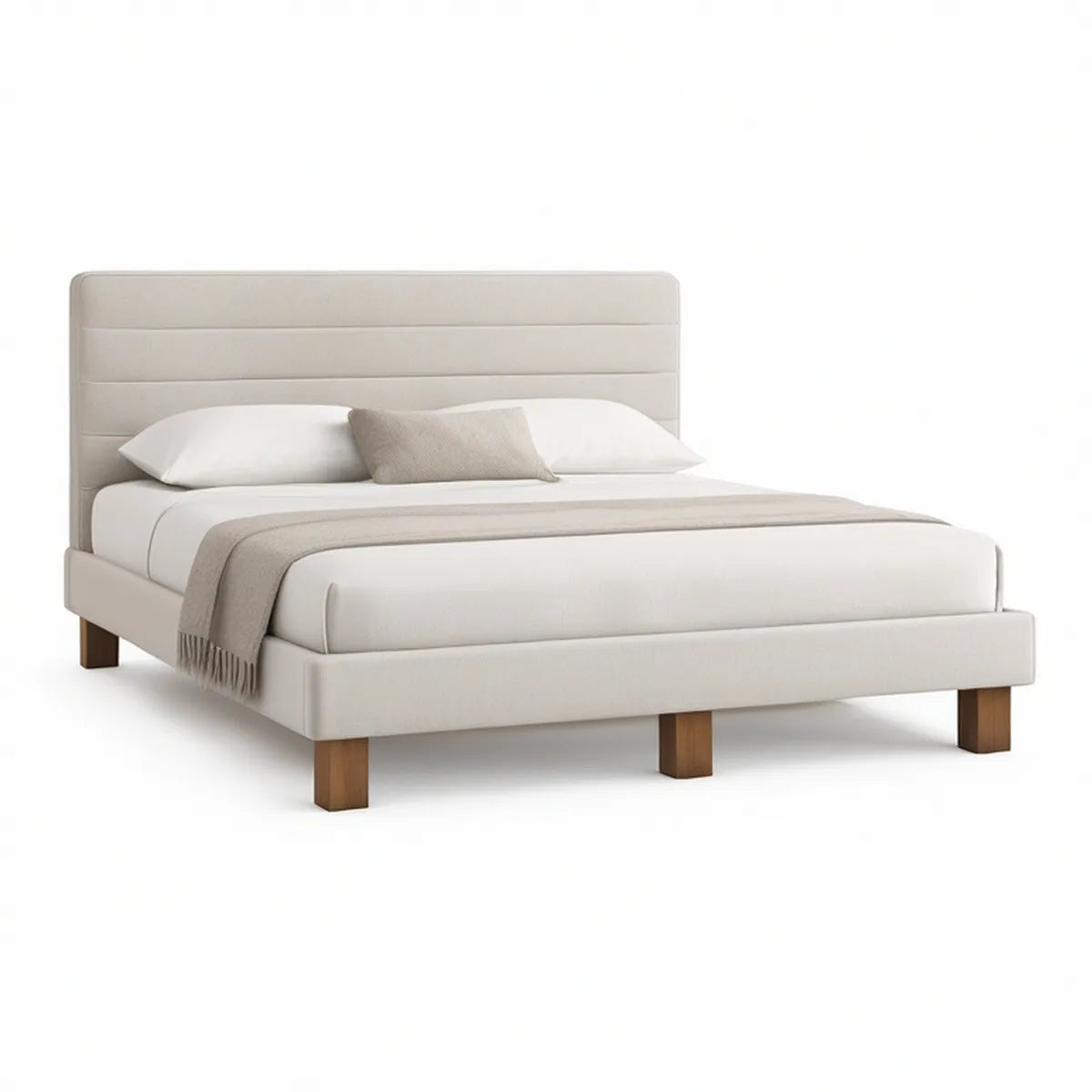 Queen Upholstered Platform Bed Frame, 64 x 86 x 48 in, Ivory/Brown