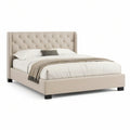 Queen Upholstered Platform Bed Frame, 60 x 80 in, Wingback Button-Tufted Headboard, Beige/Black