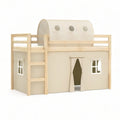 Kids Twin Loft Bed with Playhouse Tent, Solid Pine and Polyester, Natural Pine/Cream, 78 x 39 x 71 in
