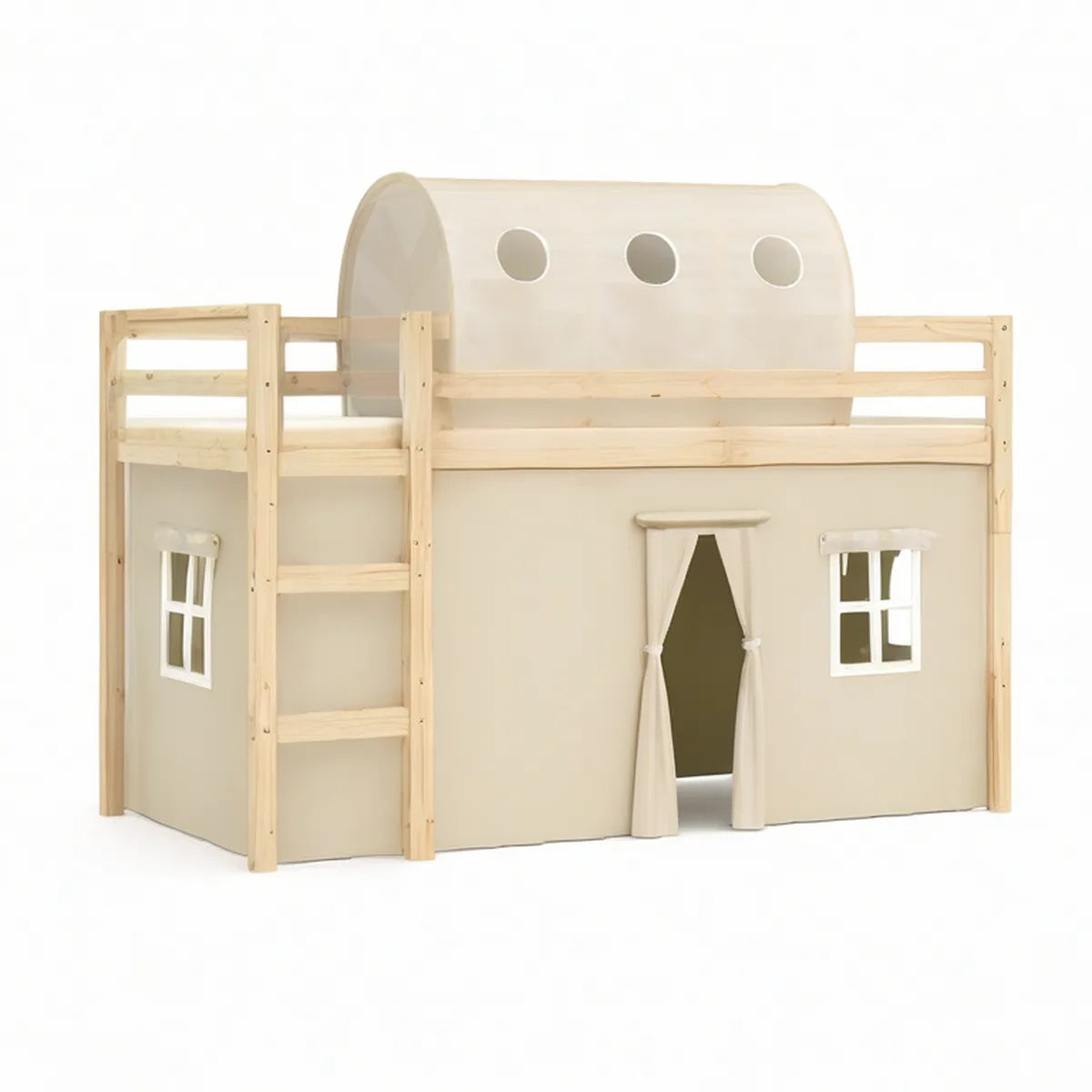 Kids Twin Loft Bed with Playhouse Tent, Solid Pine and Polyester, Natural Pine/Cream, 78 x 39 x 71 in