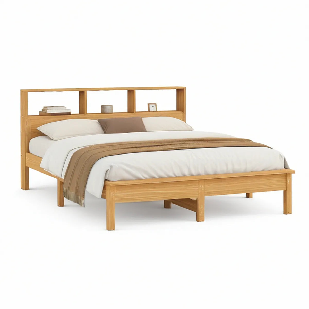 Queen Solid Pine Wood Platform Bed Frame with Storage Headboard, Natural, 85 x 64 x 45 in