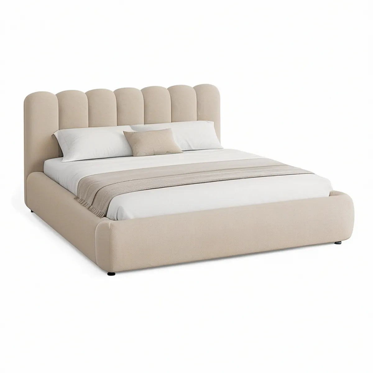 Queen Beige Upholstered Platform Bed Frame, Curved Wingback, 66.1 x 86.6 x 47.2 in