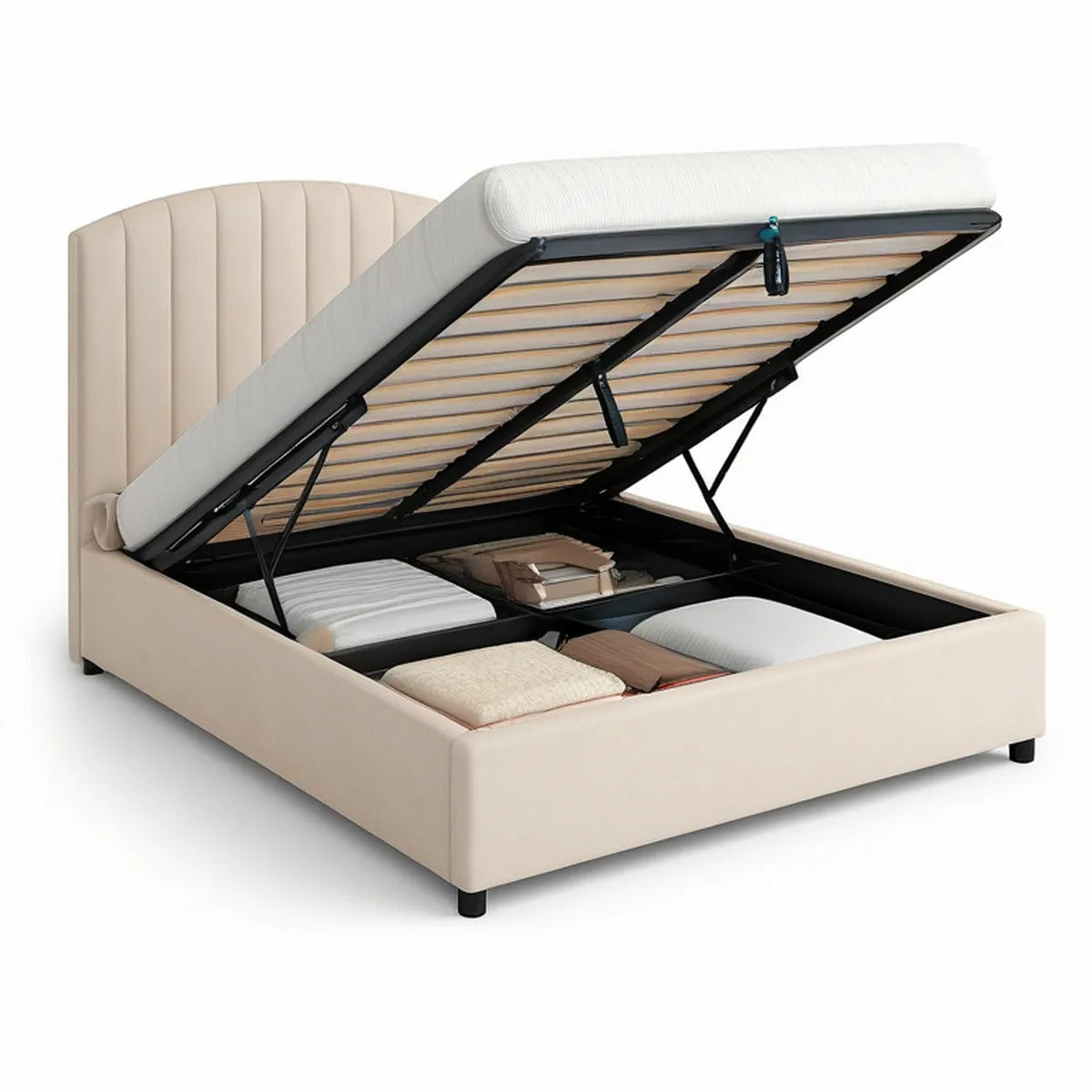 Queen Beige Upholstered Lift-Up Storage Bed Frame, 60 x 80 in Mattress Size, 64 x 85 x 46 in