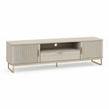 70.87 x 15.75 x 19.69 in Light Beige MDF TV Stand with Gold Steel Legs, Fluted Doors and Storage