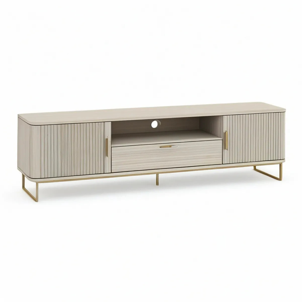 70.87 x 15.75 x 19.69 in Light Beige MDF TV Stand with Gold Steel Legs, Fluted Doors and Storage