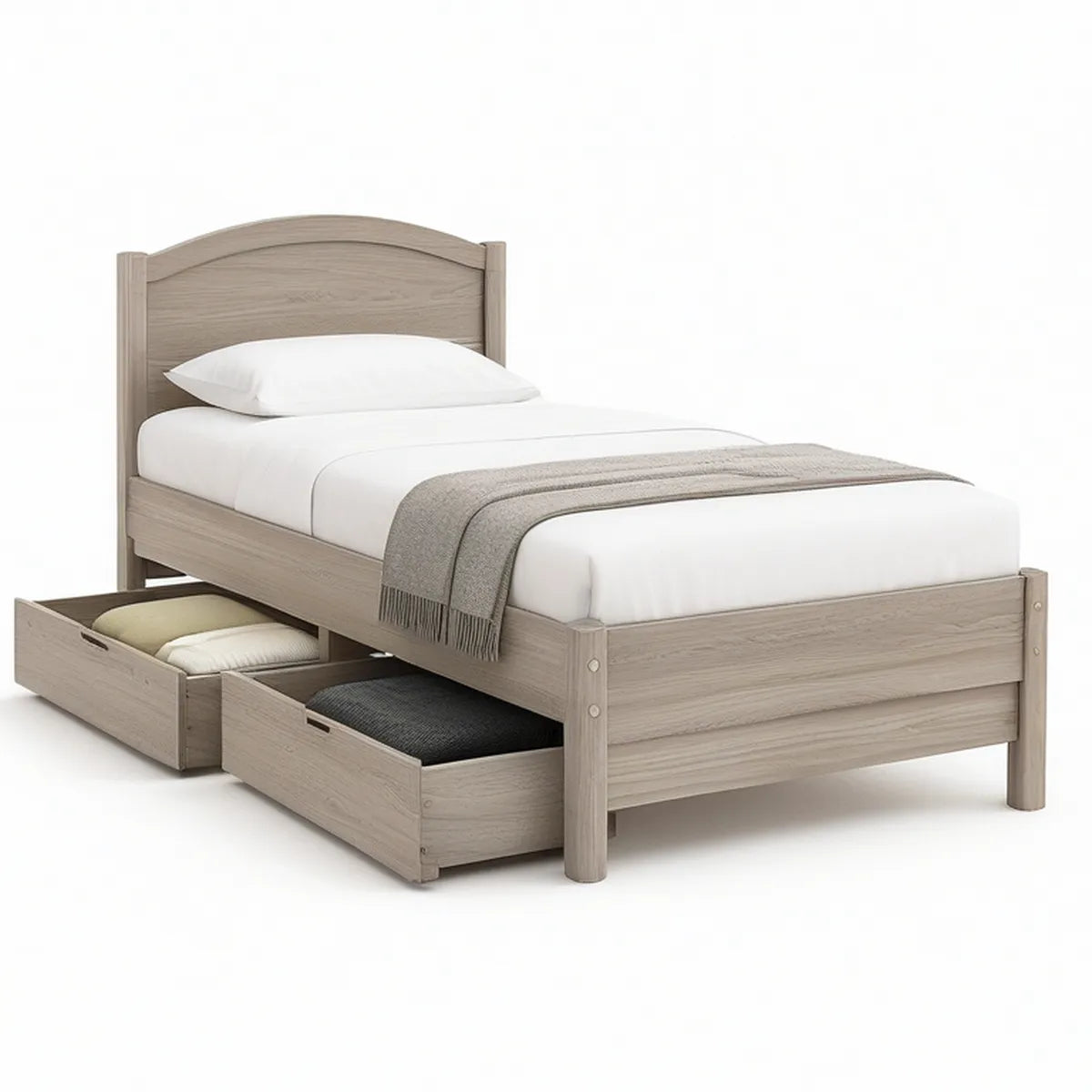 Twin Gray Oak Storage Bed Frame with 2 Drawers and Curved Headboard, 80 x 41 x 48 in