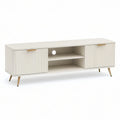 Modern White and Gold Fluted Media Console with Sliding Doors, 63 x 15.7 x 21.7 in