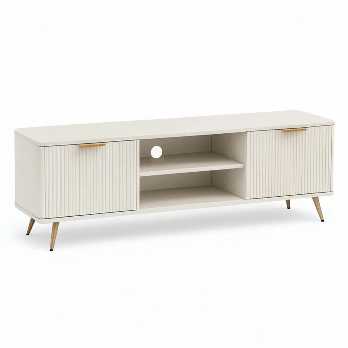 Modern White and Gold Fluted Media Console with Sliding Doors, 63 x 15.7 x 21.7 in
