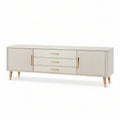 Cream White TV Stand with 3 Drawers, 2 Fluted Doors, and Gold Accents, 70.9 x 15.7 x 22.8 in