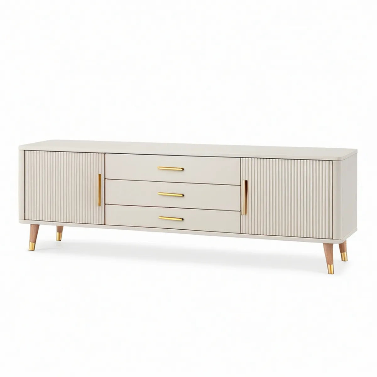 Cream White TV Stand with 3 Drawers, 2 Fluted Doors, and Gold Accents, 70.9 x 15.7 x 22.8 in