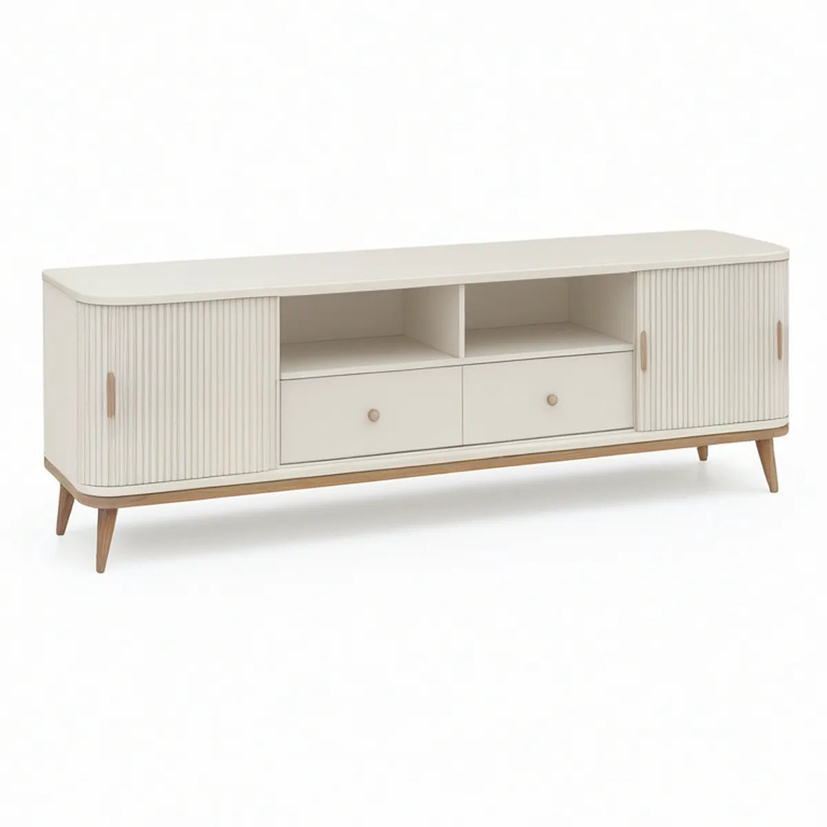 70.9 in. Ivory and Natural MDF Media Console with 2 Ribbed Doors, 2 Drawers and Open Shelves