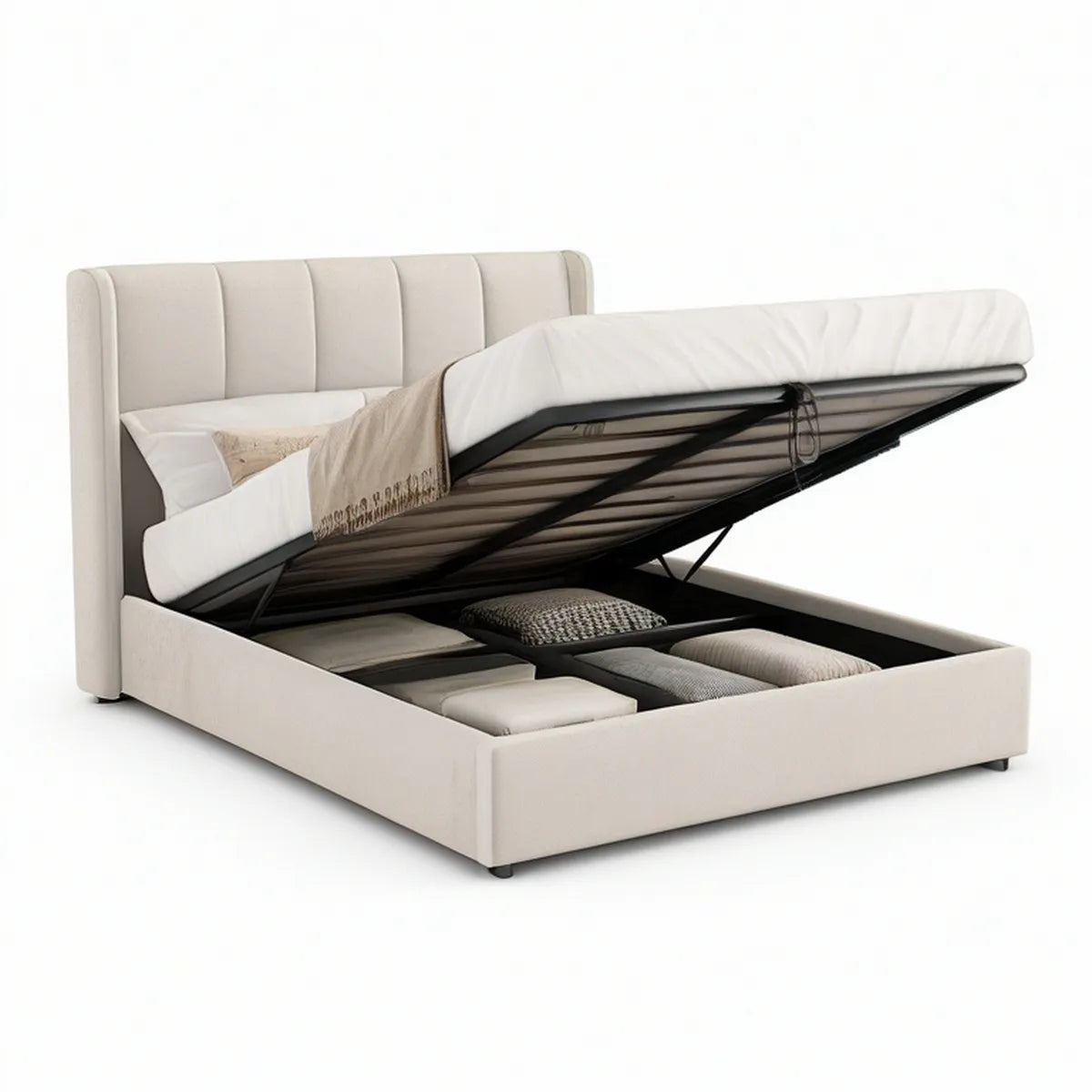 Queen Lift-Up Storage Bed Frame, Ivory Upholstery, 86 x 66 x 50 in