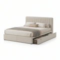 Cream Polyester Upholstered Queen Storage Bed with 2 Right-Side Drawers, 64 in W x 86 in L x 48 in H