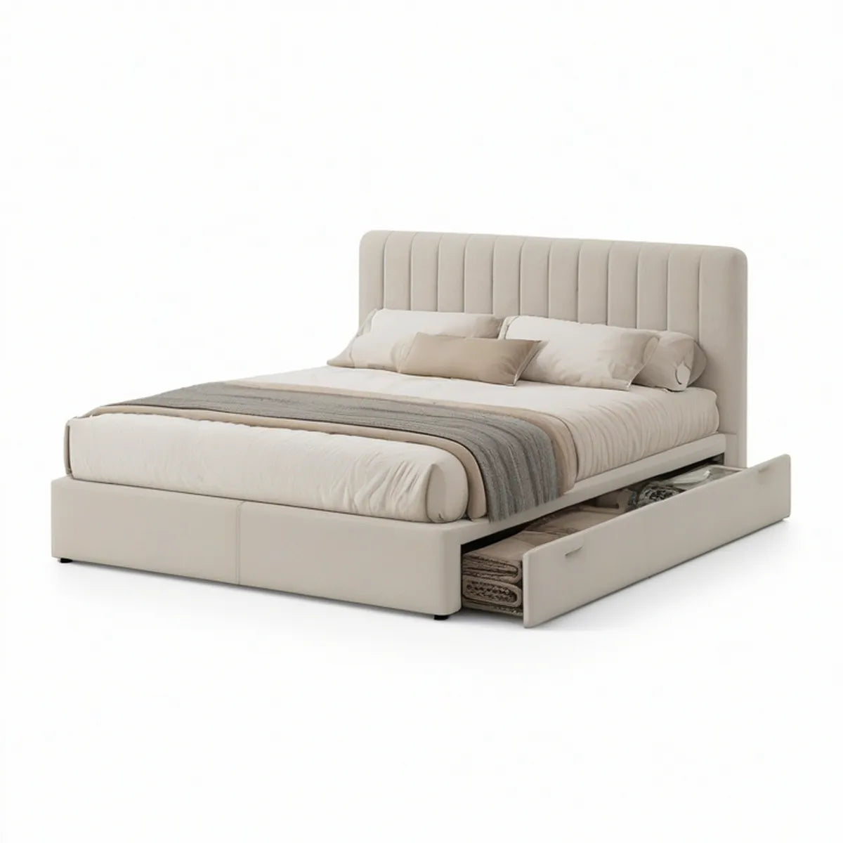 Cream Polyester Upholstered Queen Storage Bed with 2 Right-Side Drawers, 64 in W x 86 in L x 48 in H