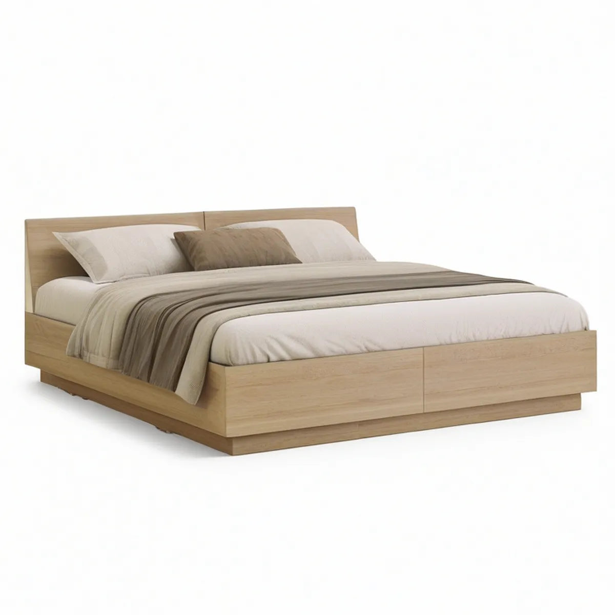 Queen Natural Oak Platform Storage Bed Frame with Headboard and 2 Drawers, 64.6 x 86.6 x 39.4 in
